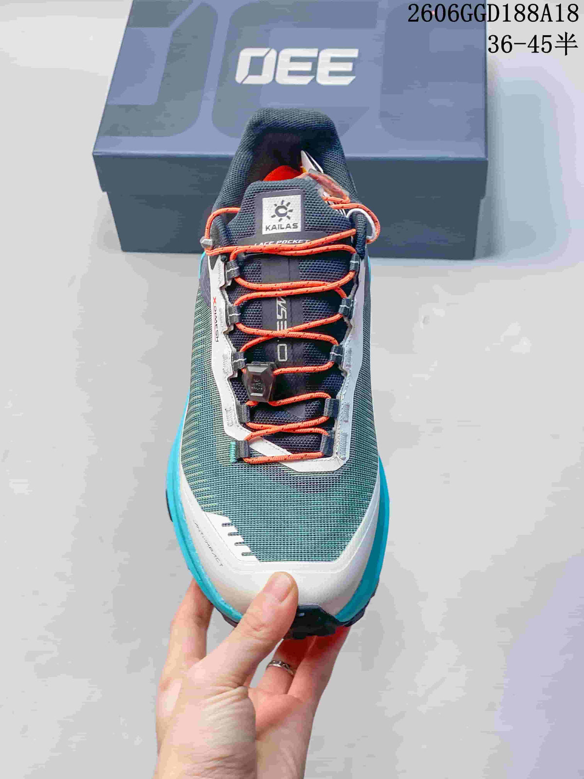 Top view showing the shoe's tongue and quick-pull lacing