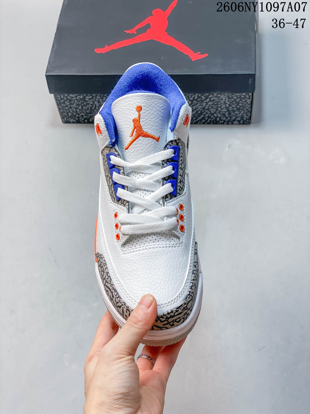 Front view of the Jordan Air Jordan 3 Knicks sneaker with white laces and blue and orange details