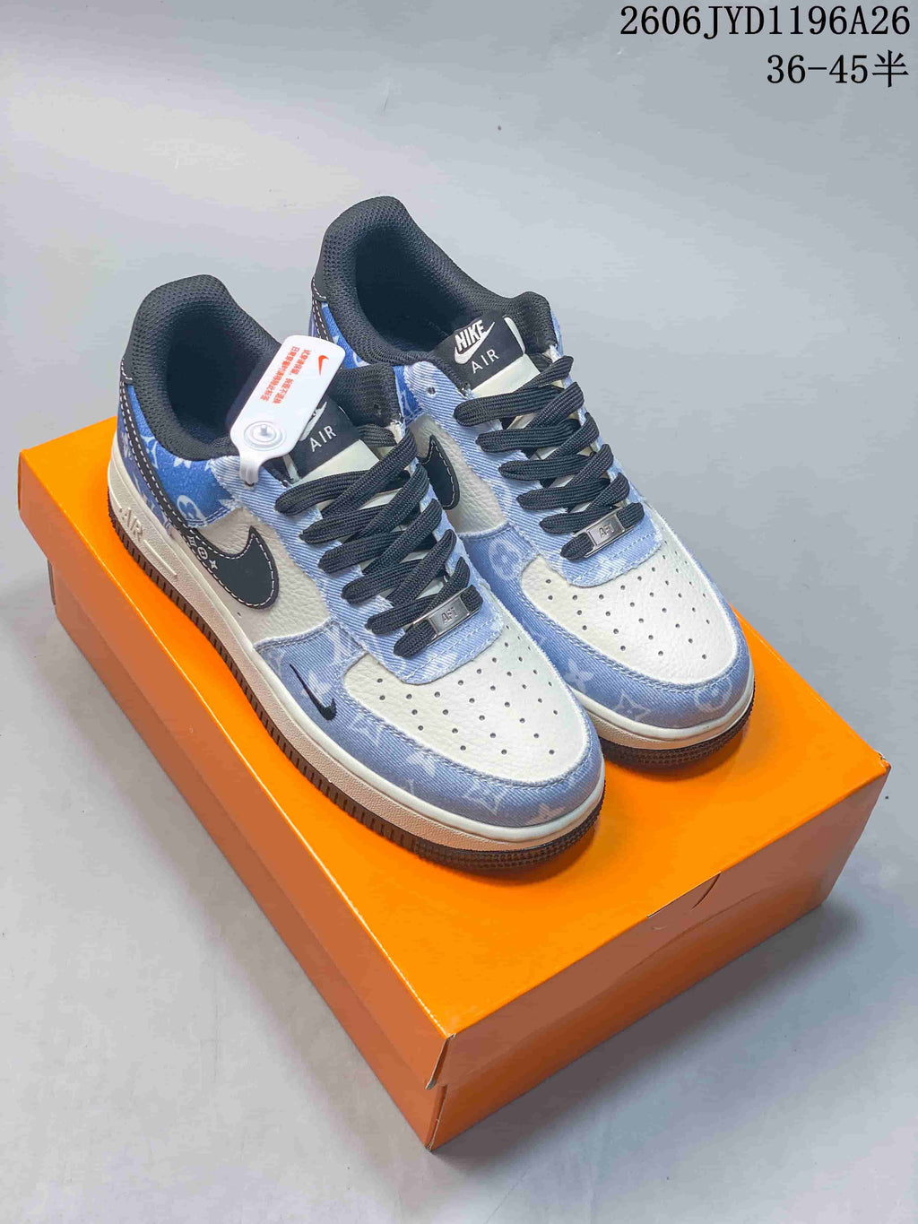 Three low-top sneakers shown from the side in white, gray, and blue monogram-pattern color variations.