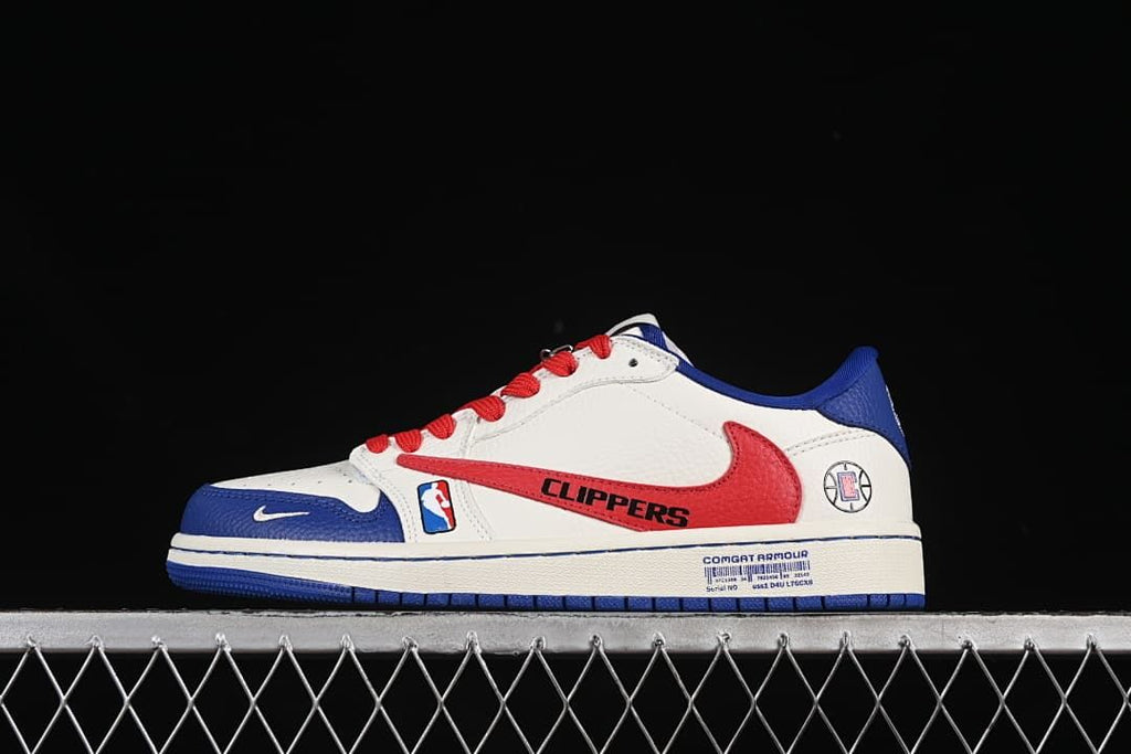 Side view of a white, red, and blue low-top sneaker with Clippers graphics