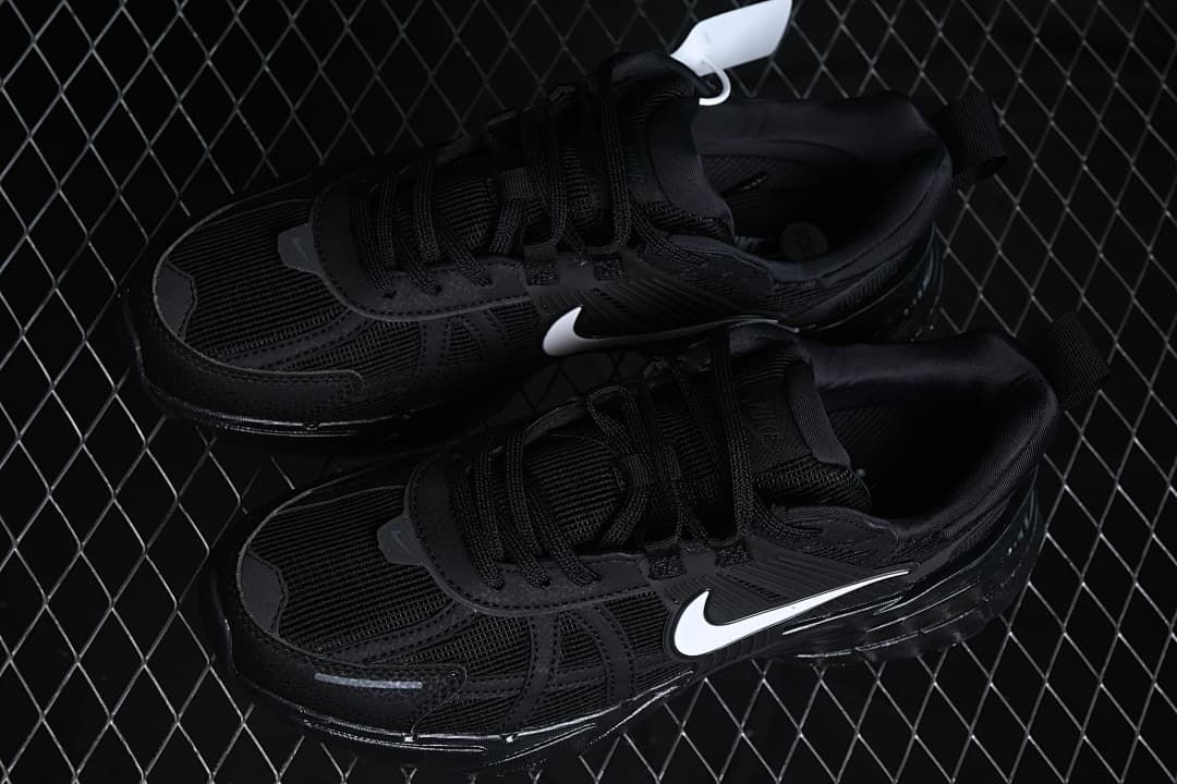 Pair of black Nike V2K Run shoes viewed from above
