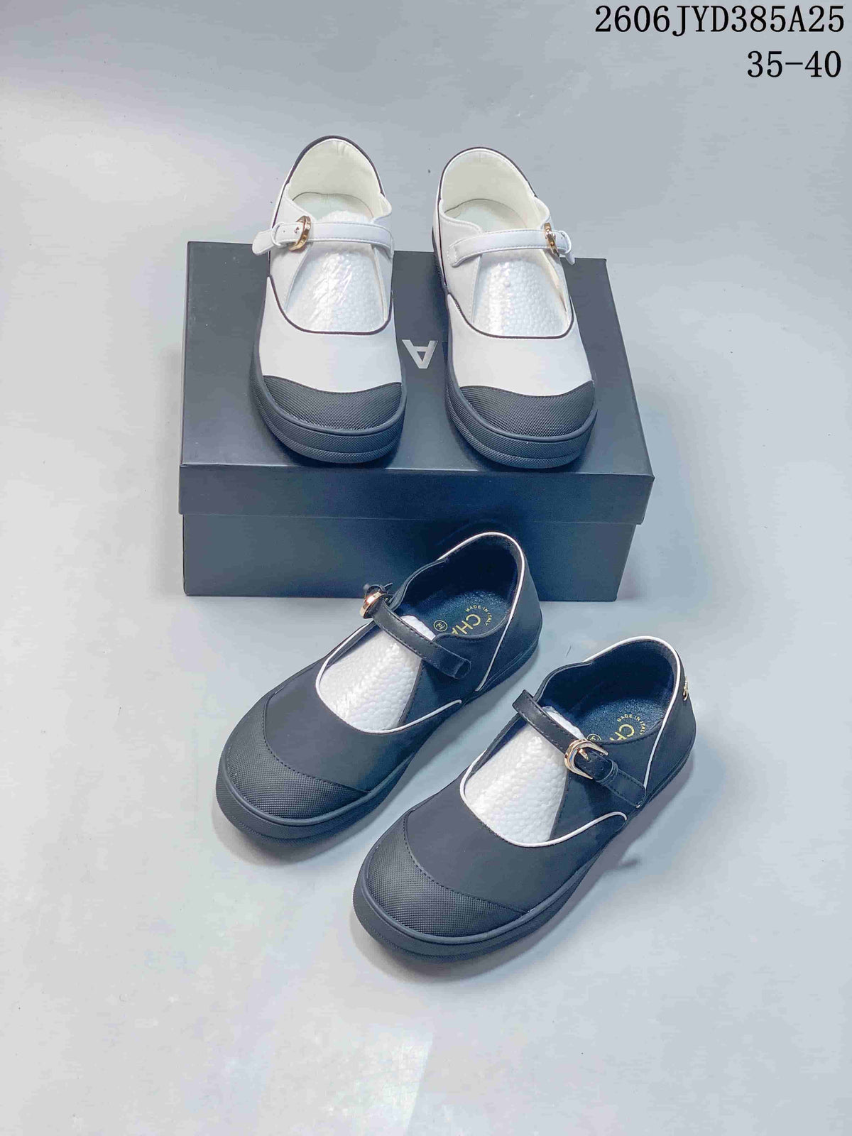 White and dark gray Mary Jane flat color combinations with rounded toes, contrasting trim, and buckle straps; size range 35–40 shown.
