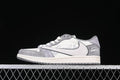 Side view of a white and gray low-top sneaker with graphic side details