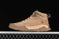 Side view of a wheat-colored Timberland mid-top outdoor sneaker.