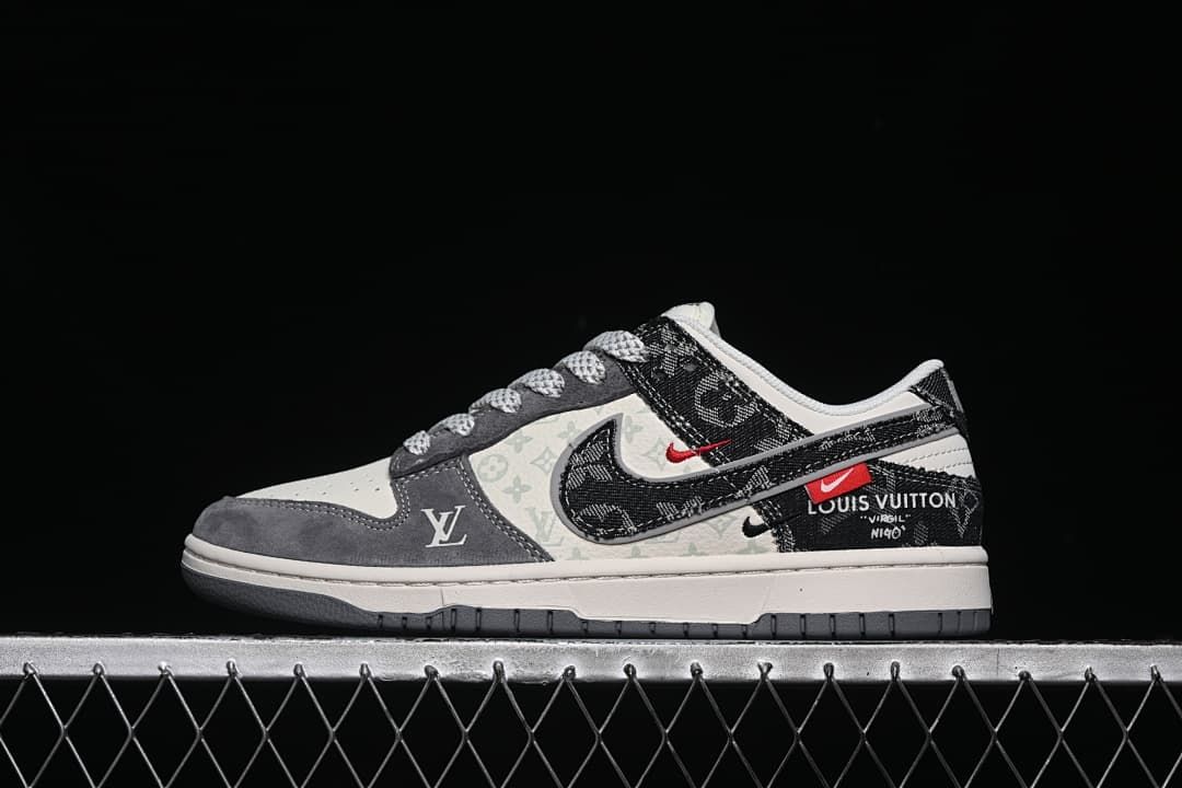Side view of a gray, off-white, and black patterned low-top sneaker with red accents.