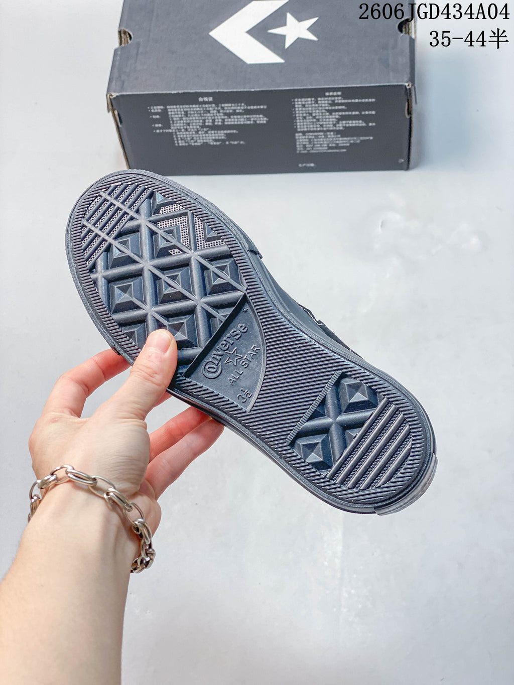 Close-up of the Converse One Star Pro outsole with geometric tread.