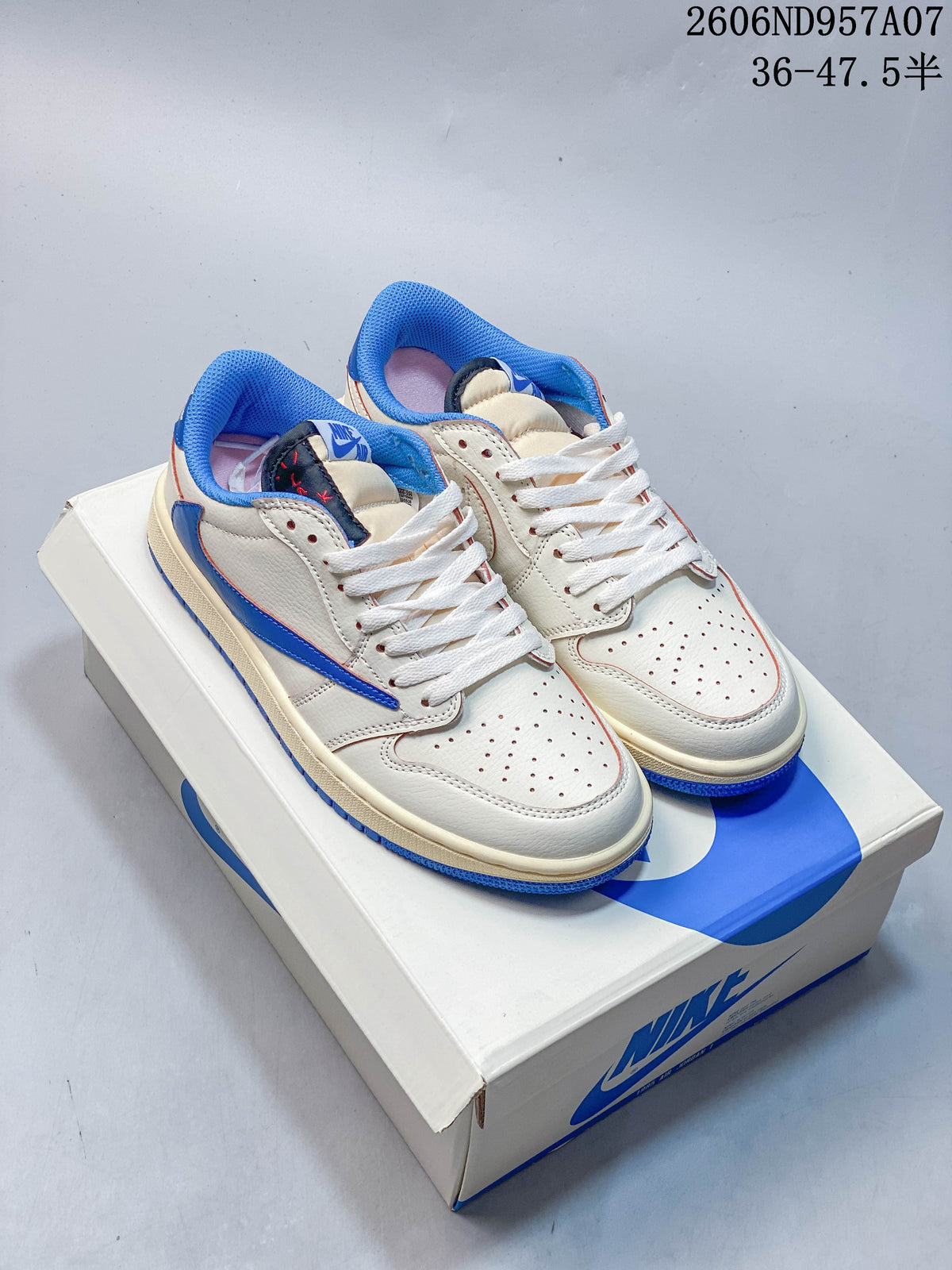 Pair of off-white and blue low-top sneakers displayed on a shoebox