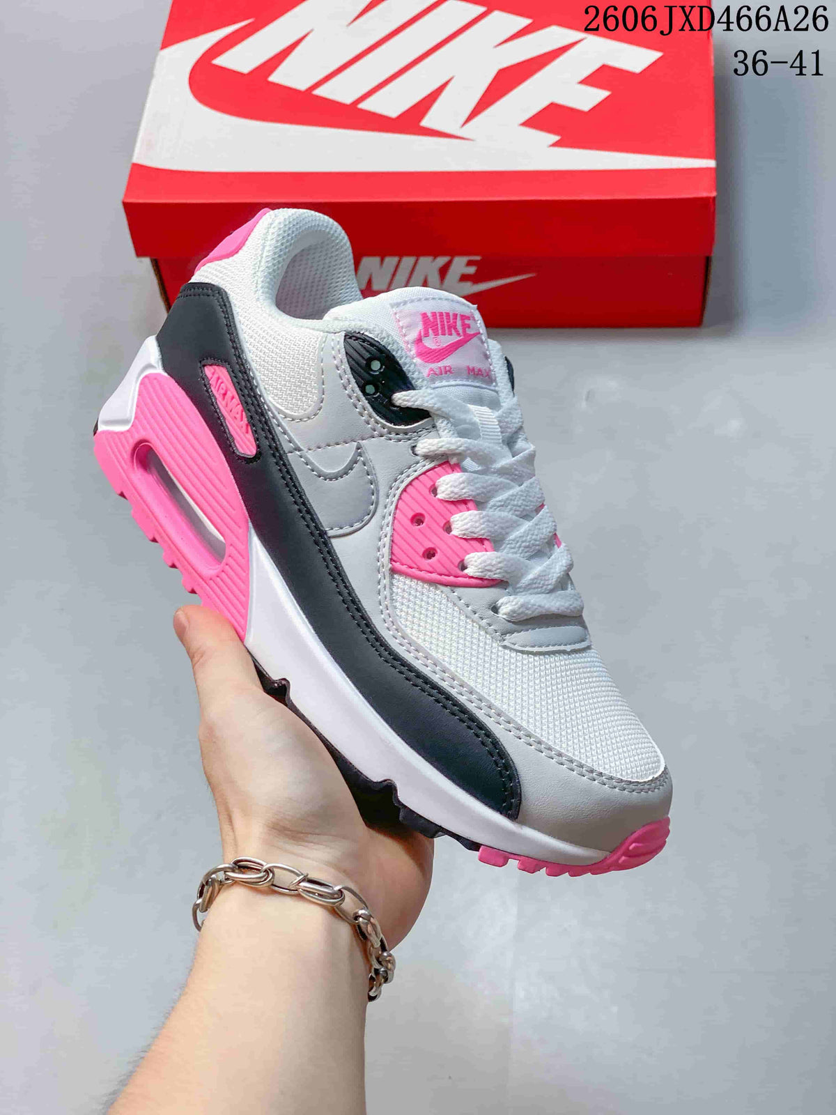 White and gray Nike Air Max 90 sneaker with bright pink and dark accents
