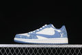 Side view of a blue denim-patterned and white Air Jordan 1 Low-style sneaker with a blue Swoosh.