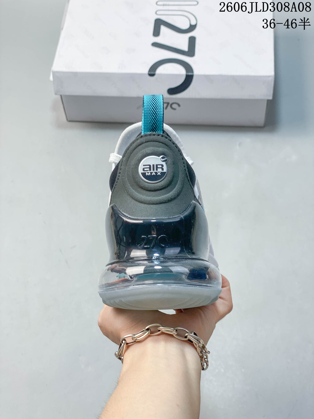 Rear view of a Nike Air Max 270 sneaker with a prominent transparent heel unit
