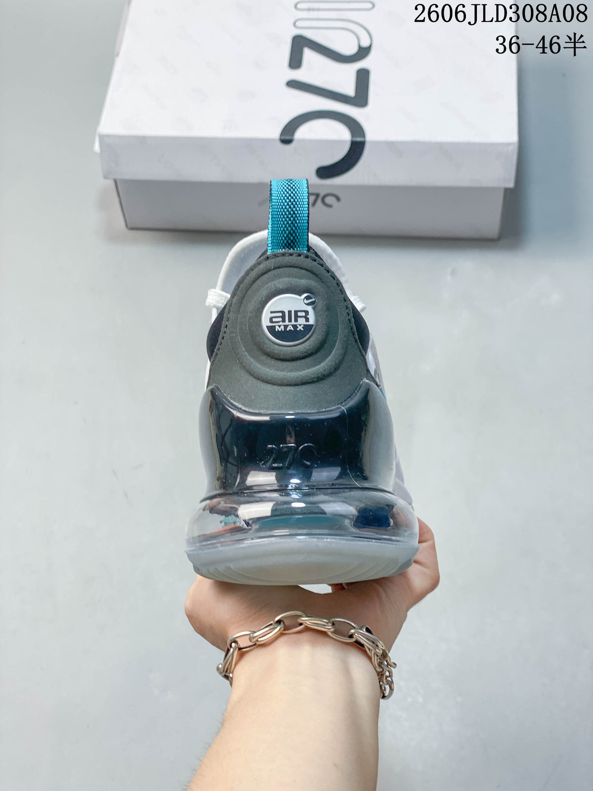 Rear view of a Nike Air Max 270 sneaker with a prominent transparent heel unit