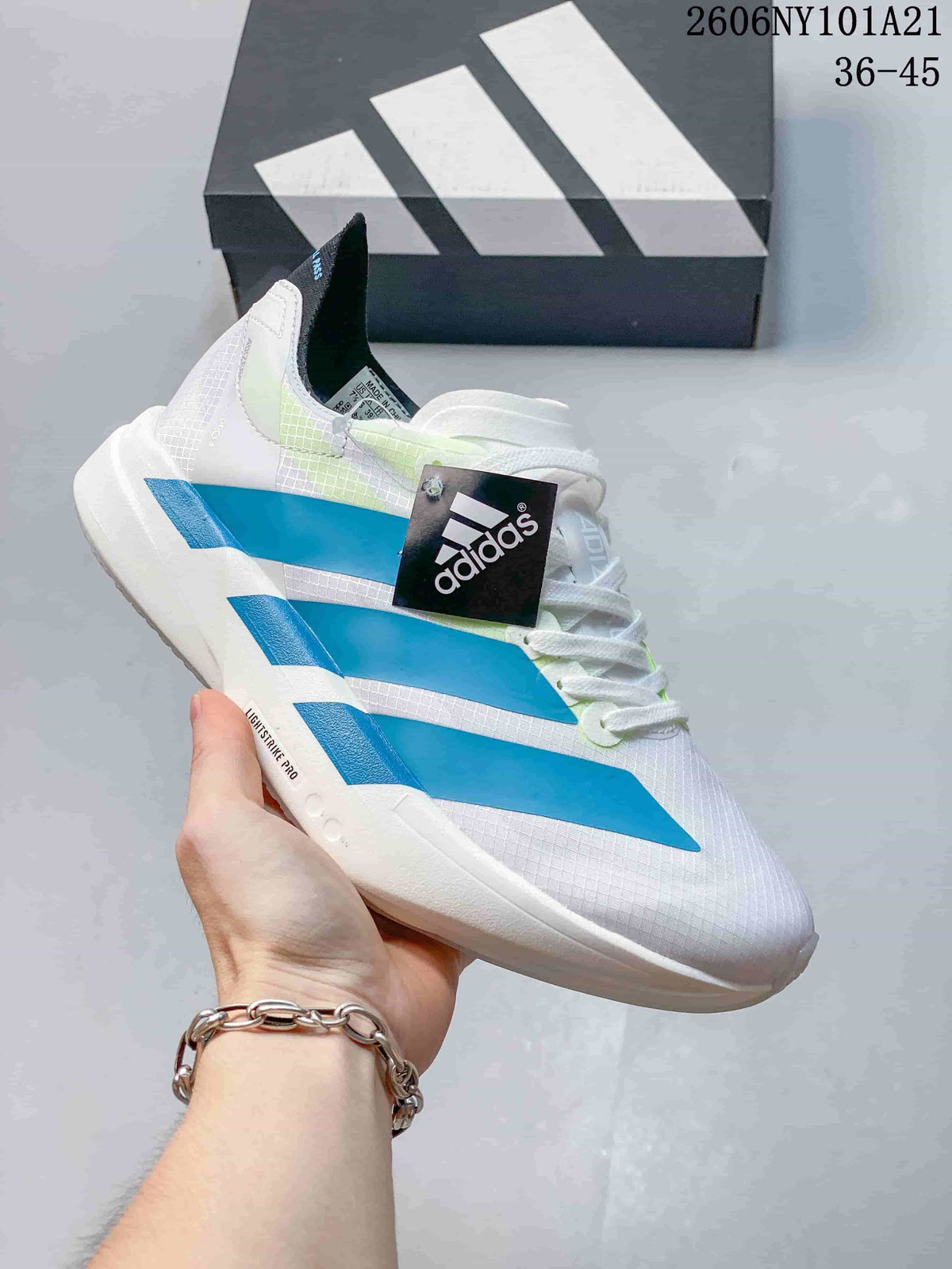 White Adidas running shoe with blue stripes and Lightstrike Pro sole; image text shows 36–45.