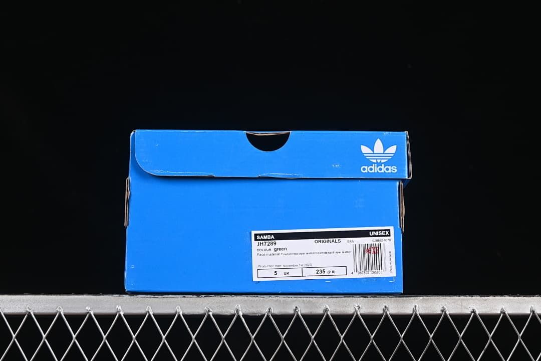 Blue adidas shoe box with a label reading Samba, JH7289, and UK size 5.