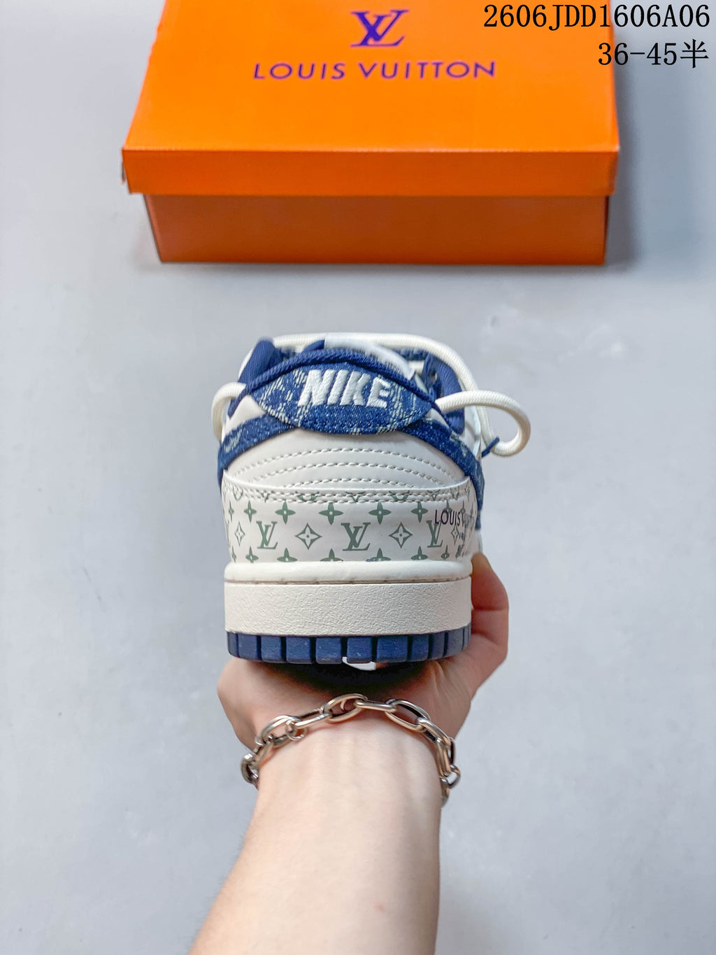 Rear view of the sneaker with patterned heel panels and blue outsole