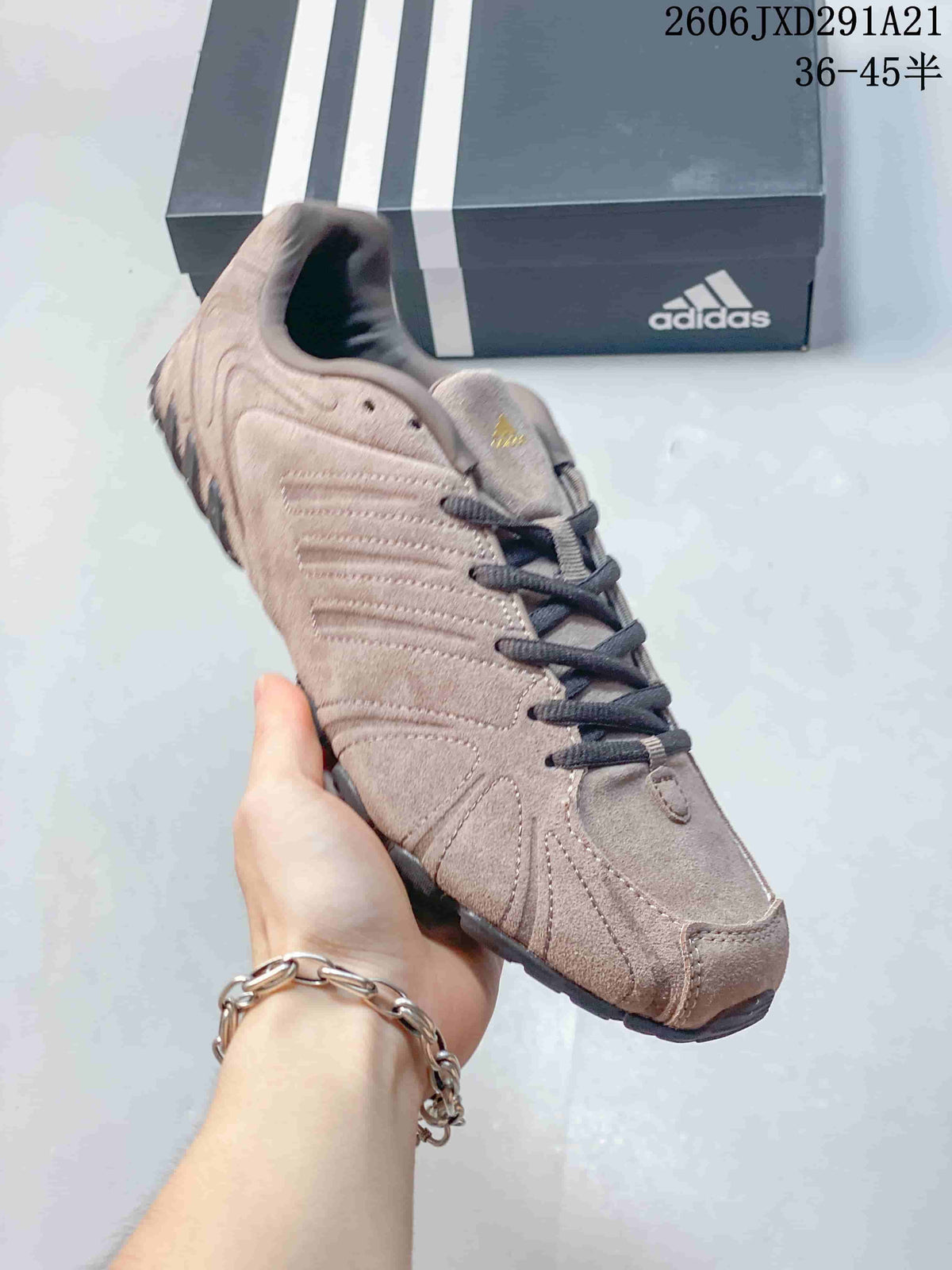 Angled view of the taupe sneaker showing its low-profile shape