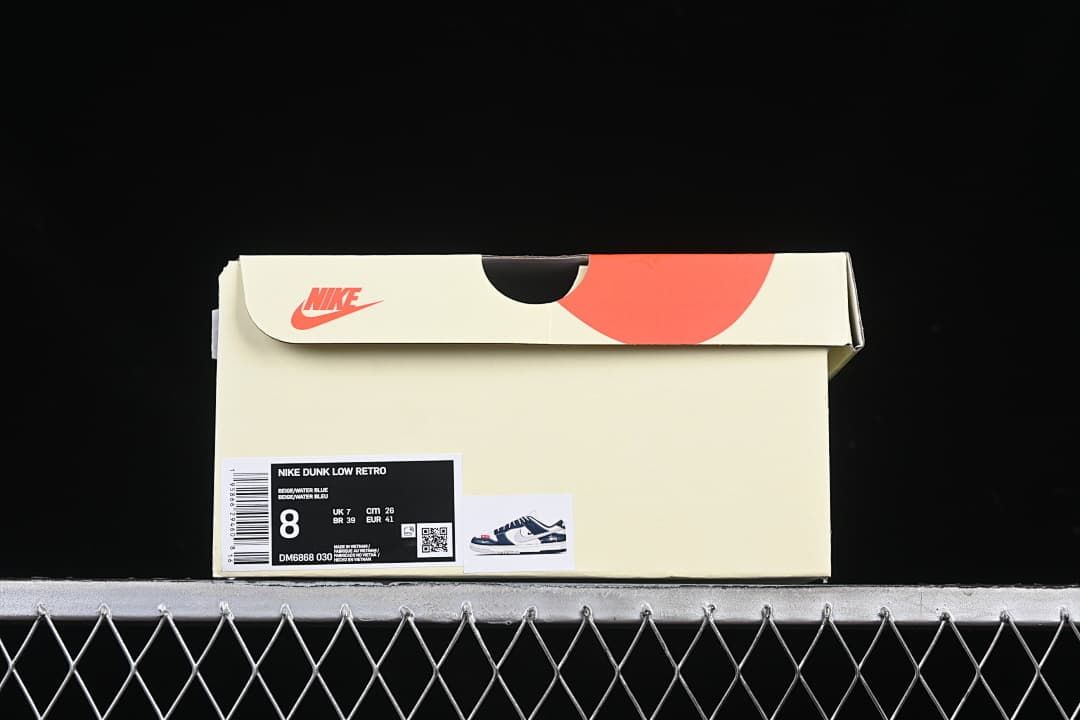 Sneaker box showing the Nike Dunk Low Retro label and product code DM6868-030