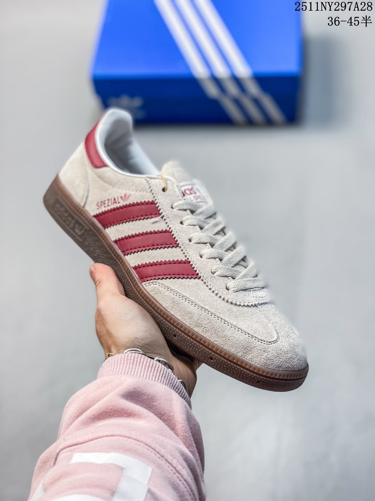 Cream adidas Handball Spezial sneaker with burgundy stripes and a dark outsole