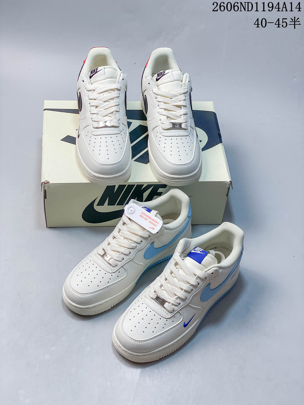 White low-top sneakers shown in dark-accent and light-blue-accent versions.