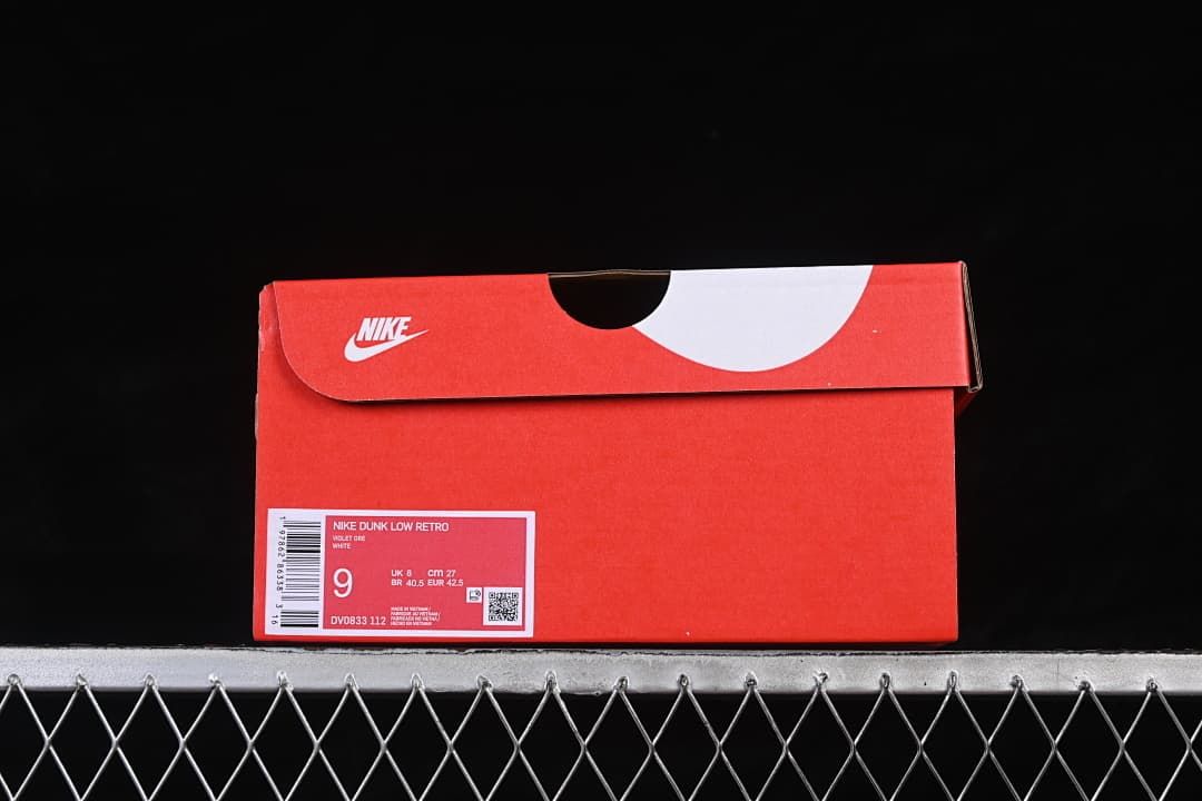 Nike shoe box label showing Dunk Low Retro, style code DV0833-112, and EU size 42.5