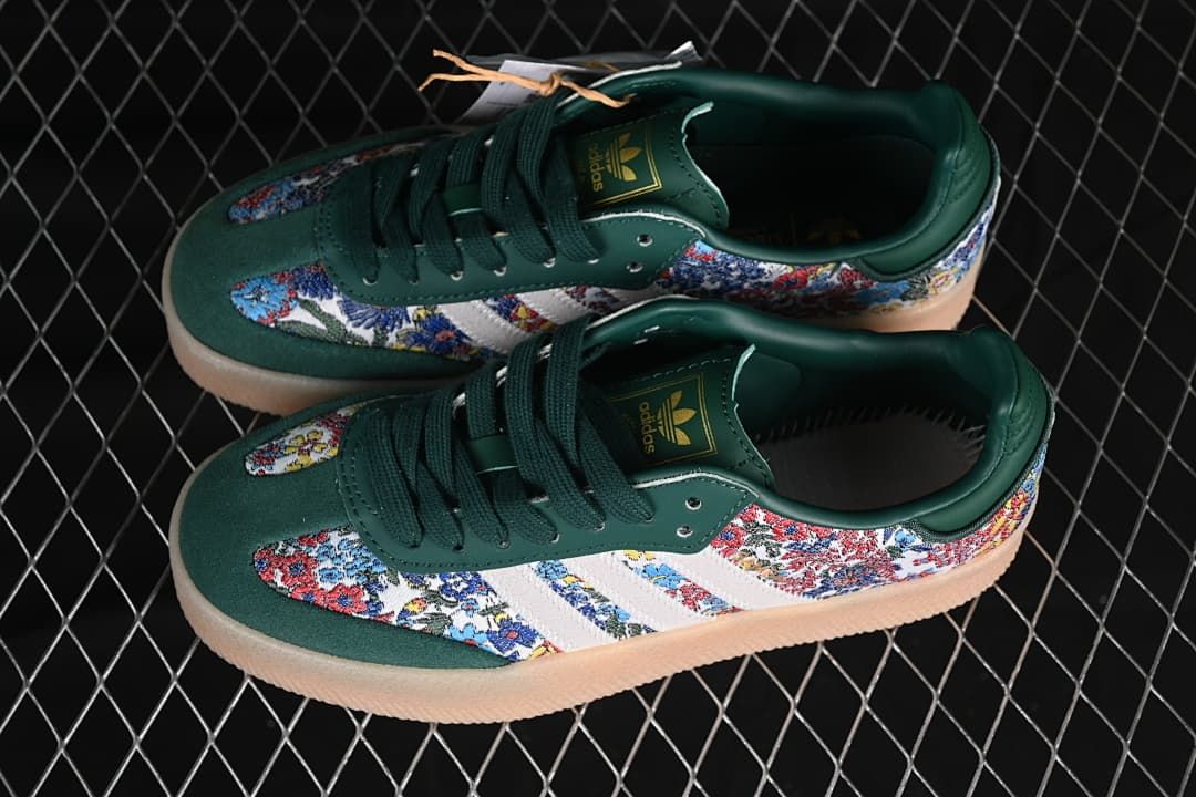 Pair of green floral-patterned Samba sneakers photographed from above.