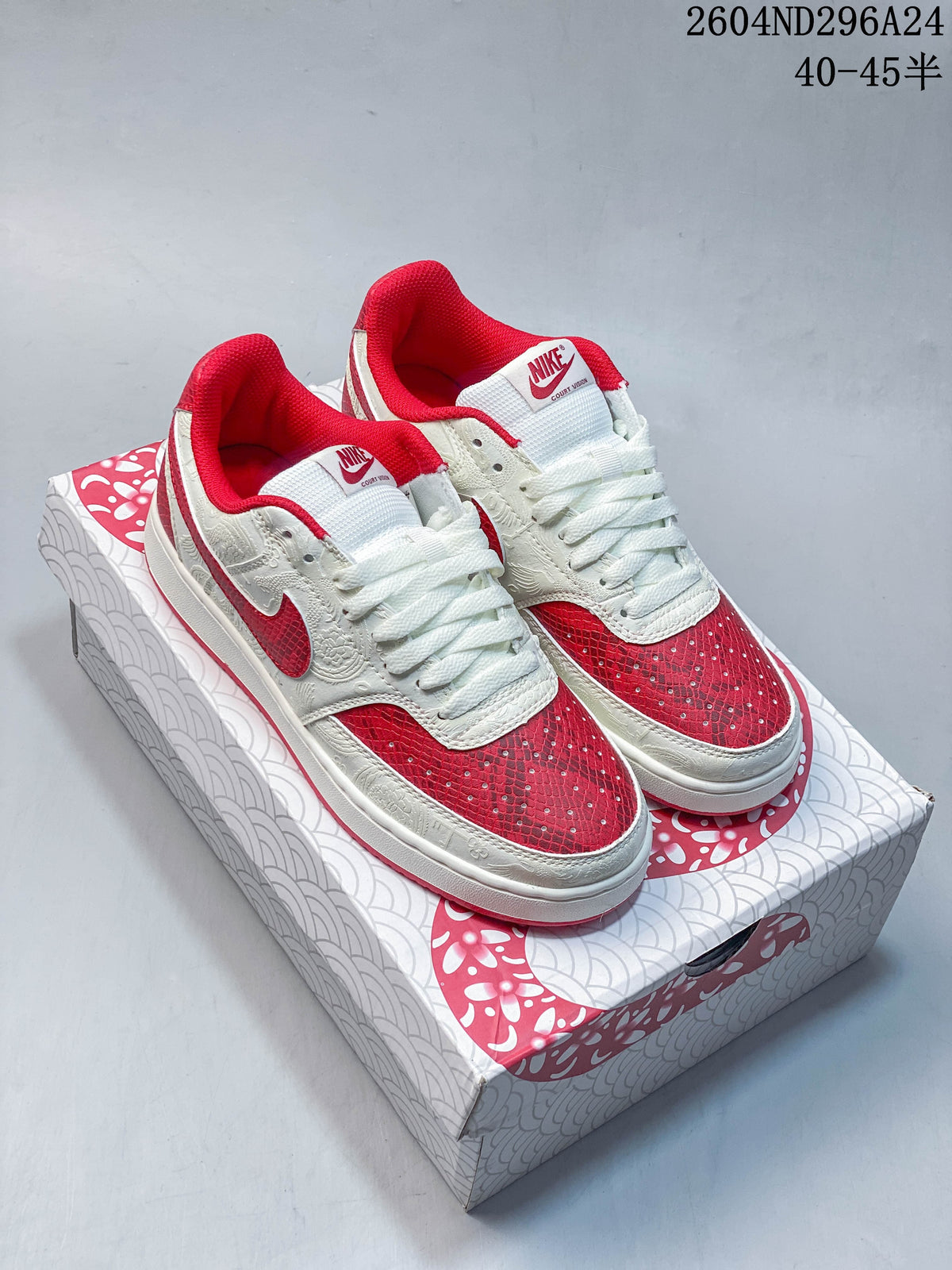 Red and off-white Nike Court Vision Low sneakers on a Year of the Snake 2025 box