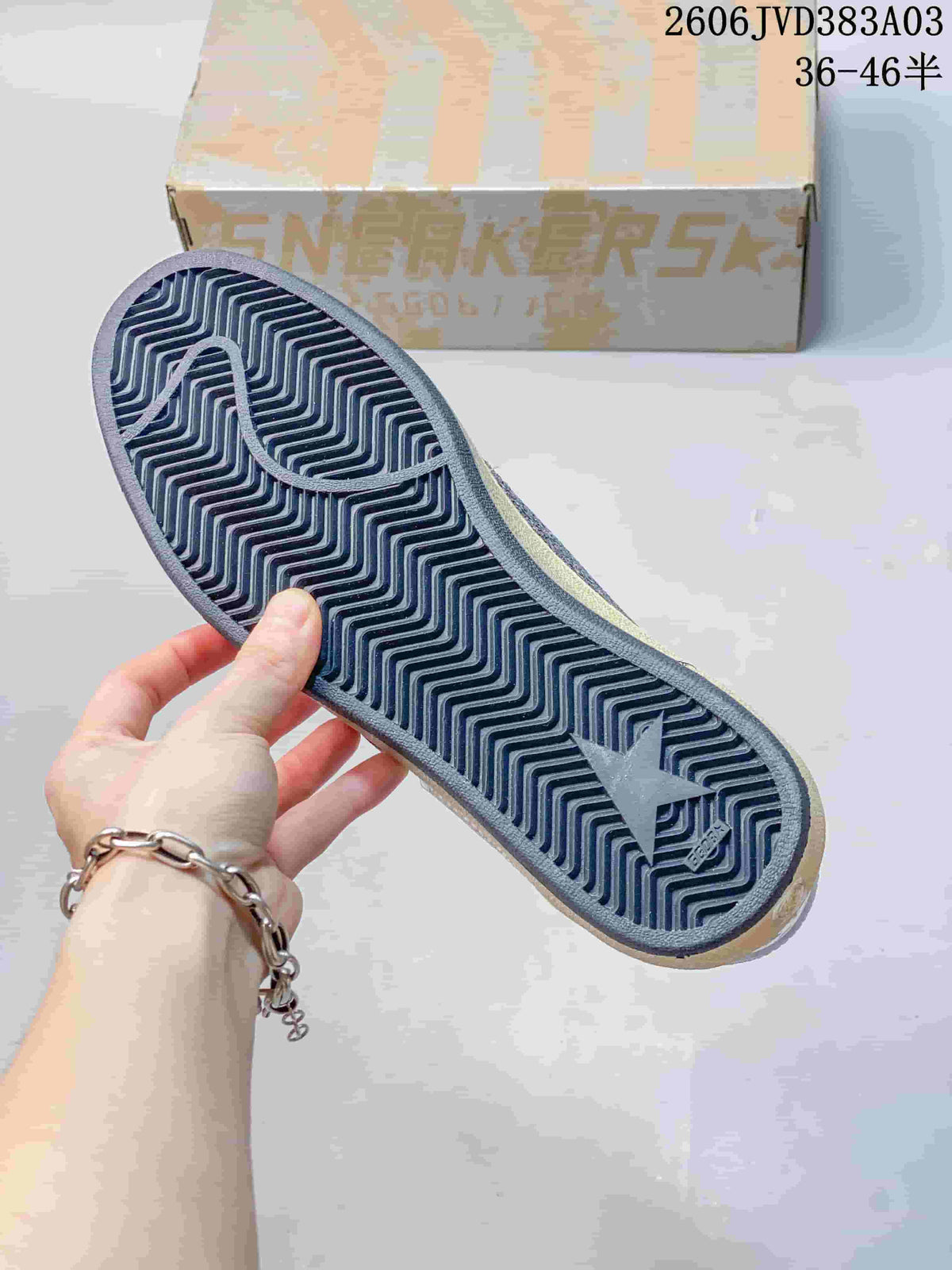 Close-up of the patterned outsole on a sneaker