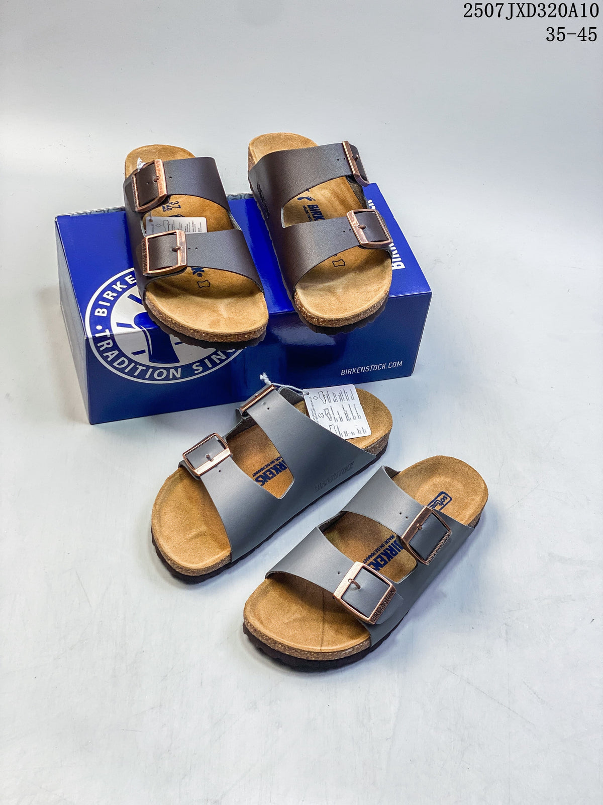 Several views of dark brown two-strap sandals with contoured footbeds