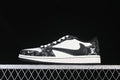 Side view of black-and-white patterned Air Jordan 1 Low-style sneakers