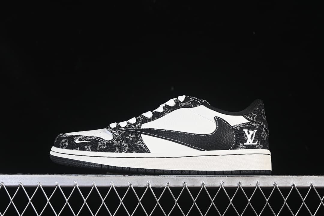 Side view of black-and-white patterned Air Jordan 1 Low-style sneakers