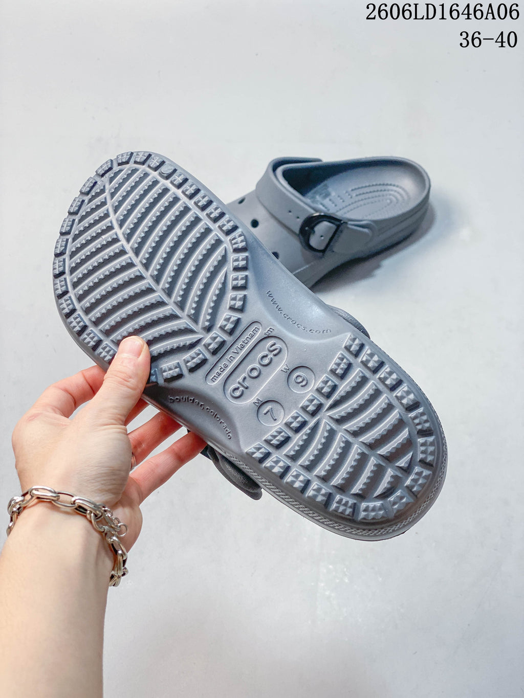 Underside of a gray clog showing patterned tread and molded size markings EU 39, US M 7 and W 9; image also displays size range 36–40.