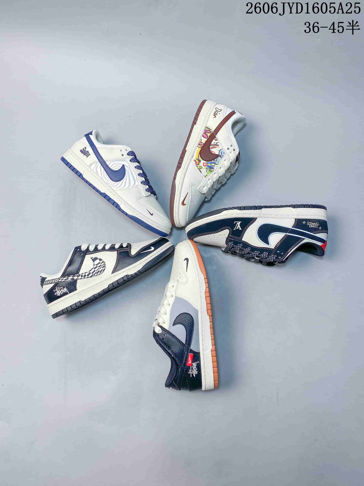Several low-top sneaker designs arranged together, showing varied colors and graphic side panels