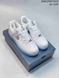 Three Nike Air Force 1 low-top sneakers shown from the side in white and silver, light blue and white, and cow-print colorways.