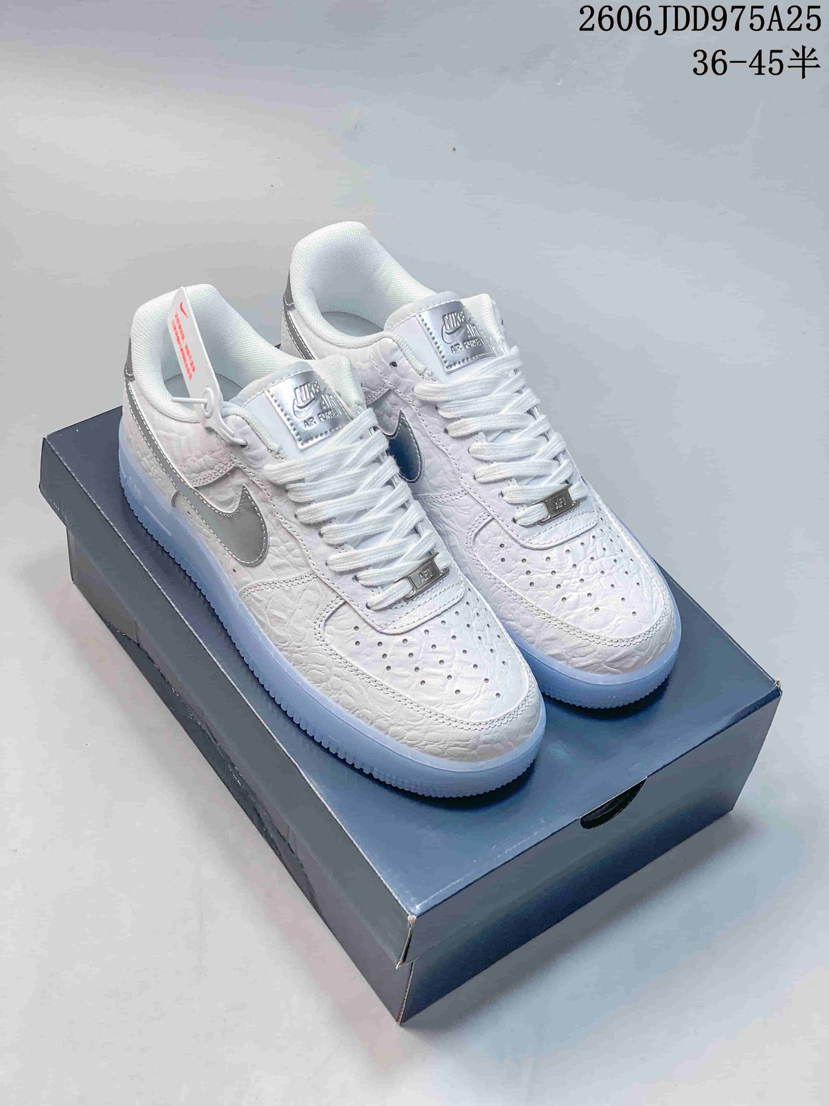 Three Nike Air Force 1 low-top sneakers shown from the side in white and silver, light blue and white, and cow-print colorways.