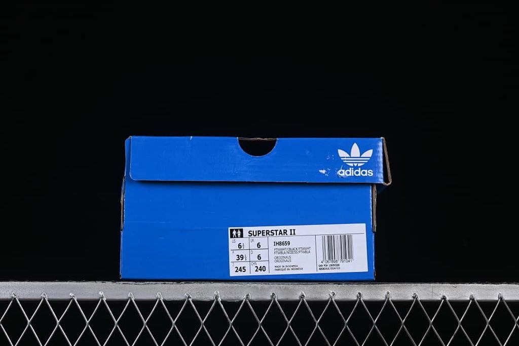 Blue adidas shoe box label identifying Superstar II, style IH8659, with sample size details