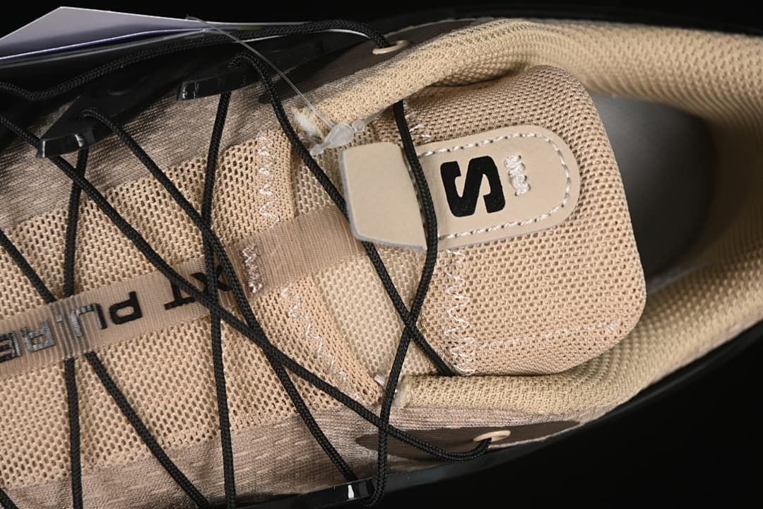 Top view of the shoe tongue, laces and interior.