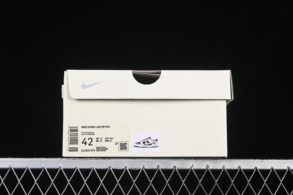 Shoe box label showing Nike Dunk Low Retro, DJ2024-073, and EU 42