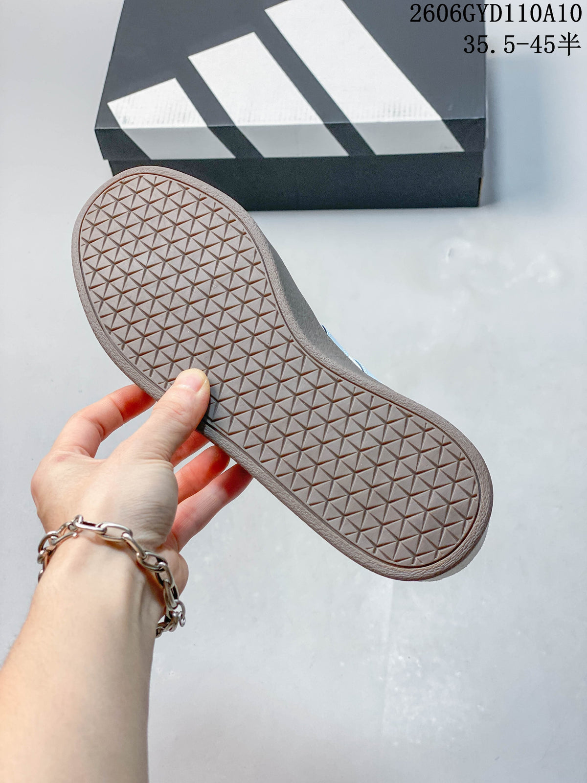 Underside of a sneaker showing a geometric textured outsole