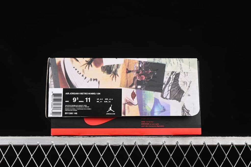 Shoe box label showing Air Jordan 1 Retro High NRG / UN, BV1300-146, and sample size information