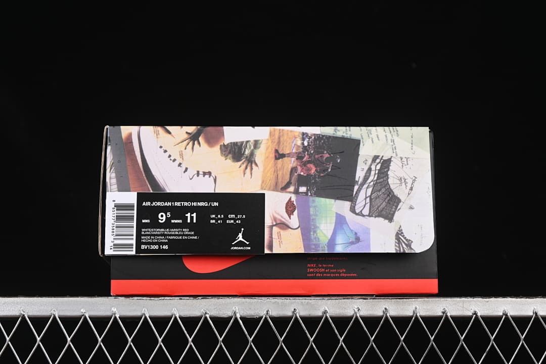 Shoe box label showing Air Jordan 1 Retro High NRG / UN, BV1300-146, and sample size information