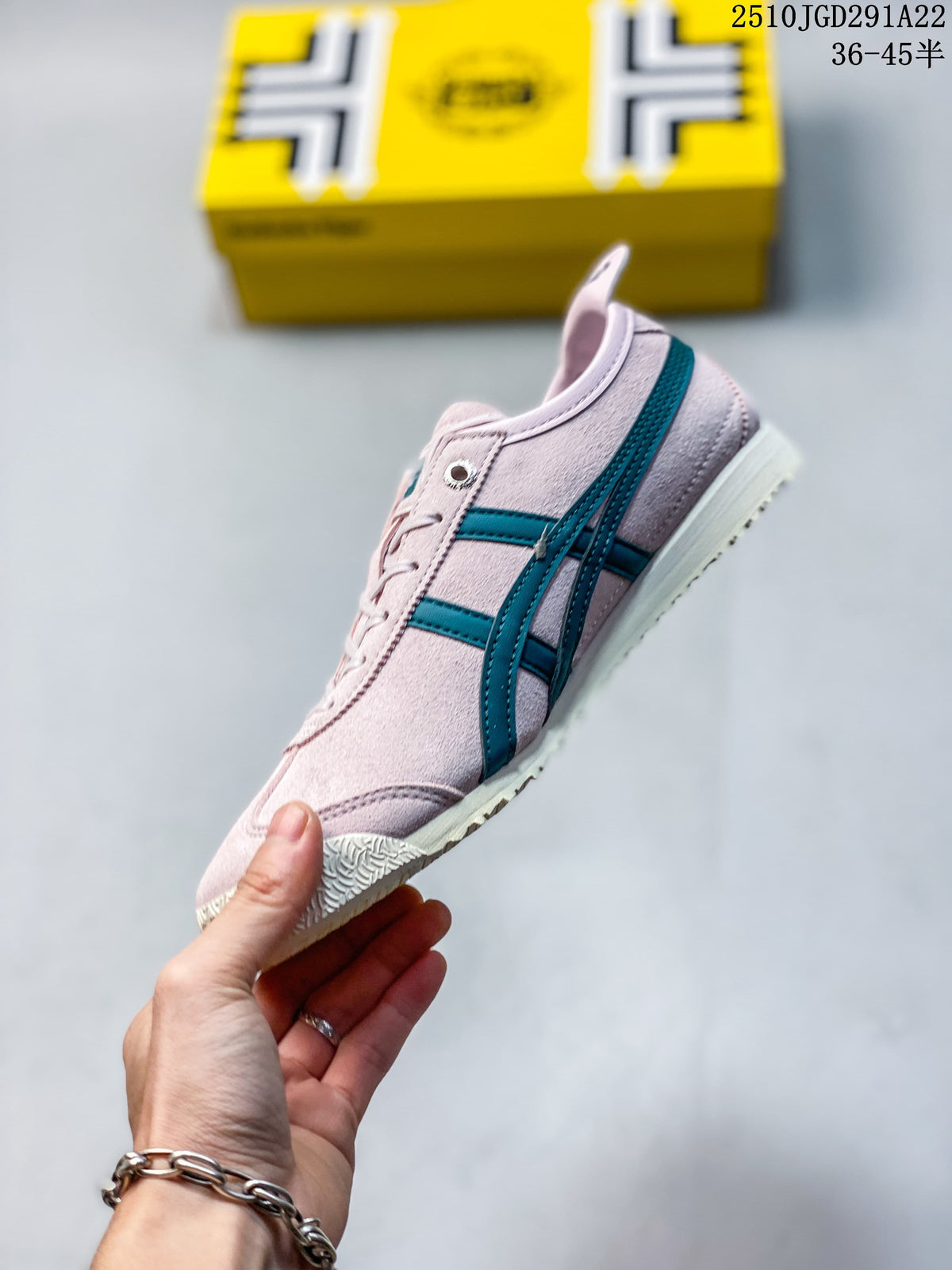 Side profile of a pale pink sneaker with teal stripes and a textured toe area
