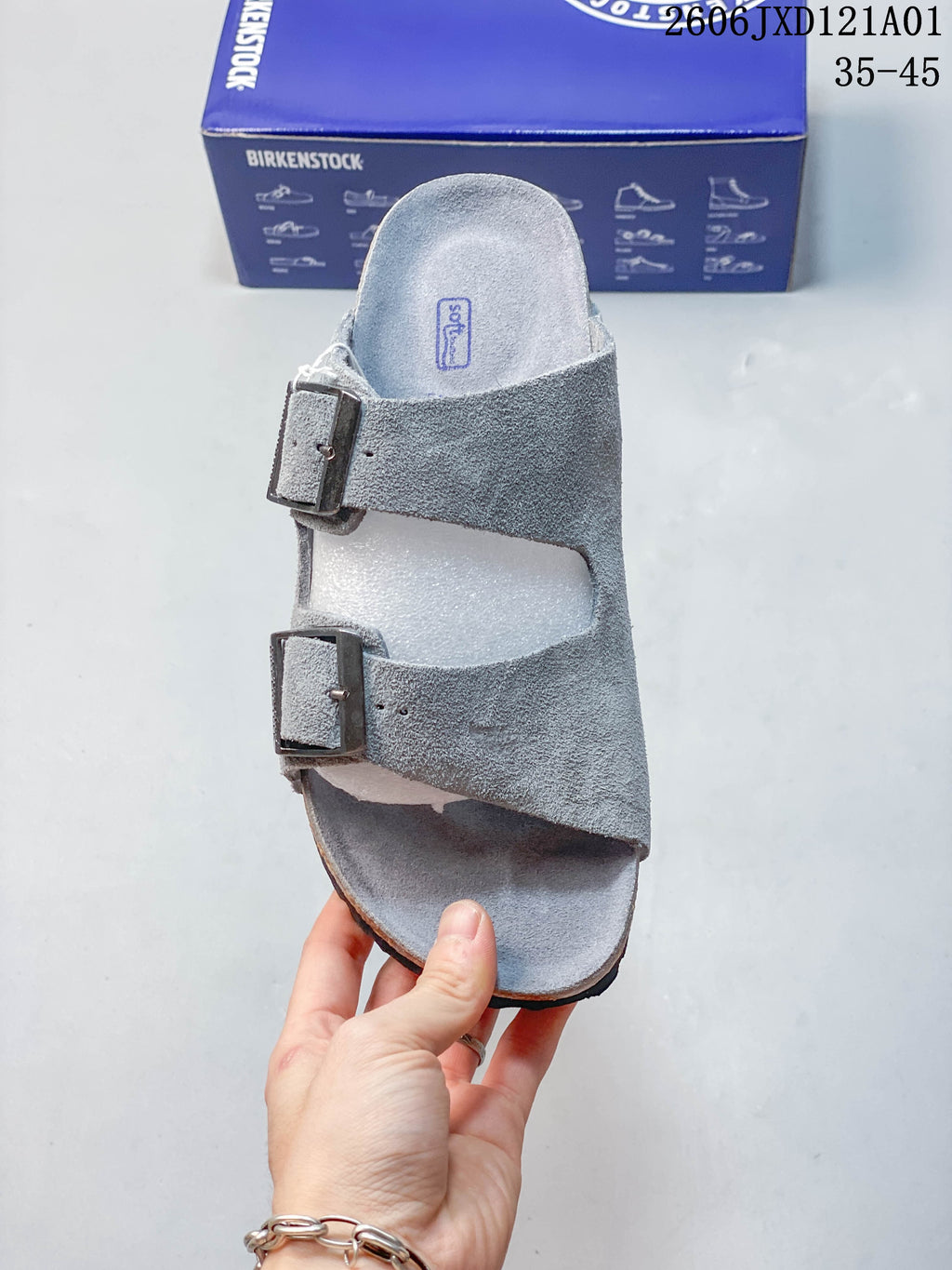 Top view of a gray Arizona BS sandal with two adjustable buckles