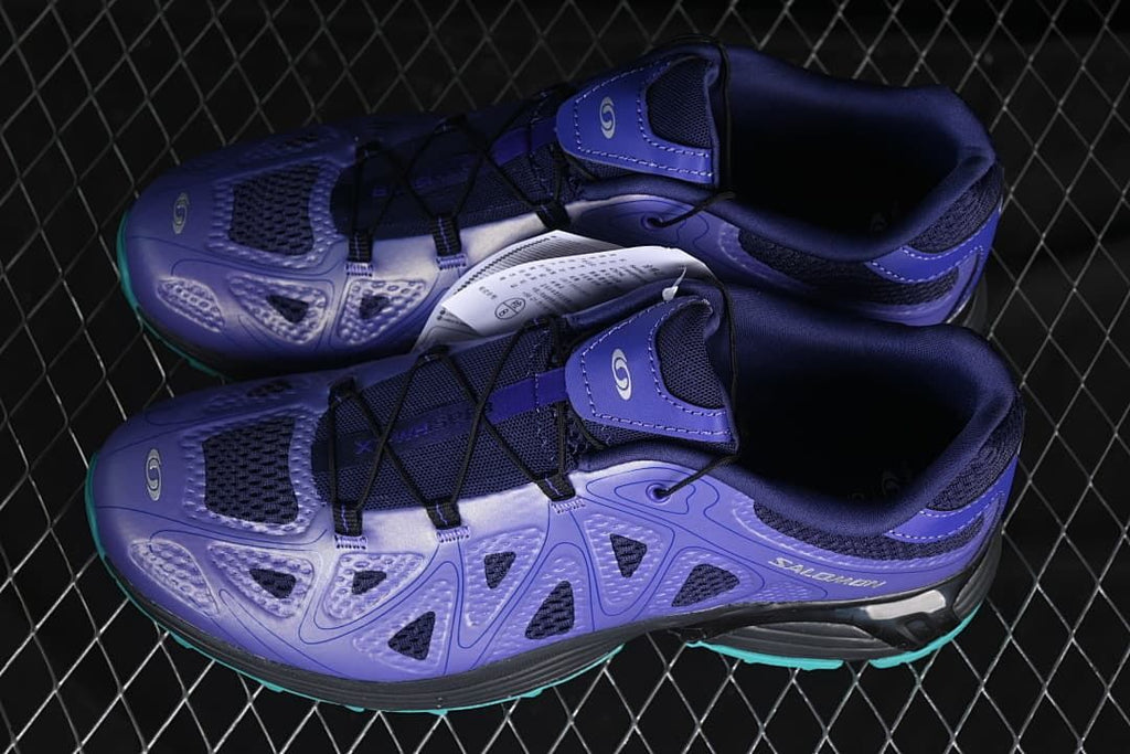 Pair of purple shoes shown from above at an angle.