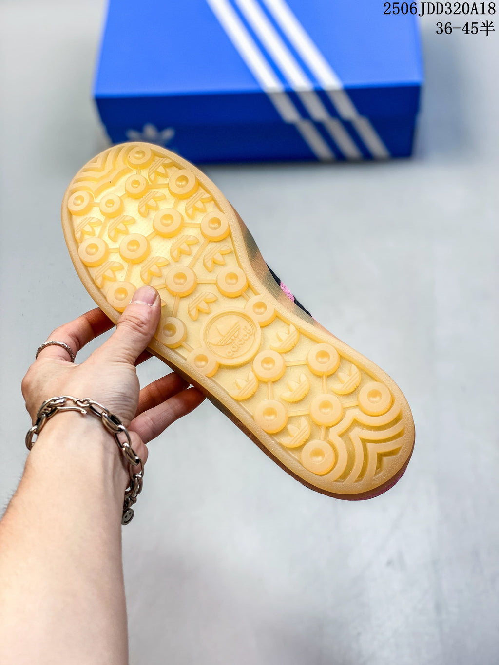 Underside of a Gazelle sneaker showing its gum-colored patterned outsole