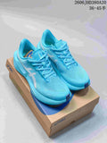 Pair of bright blue ASICS Novablast 6 shoes on a shoebox