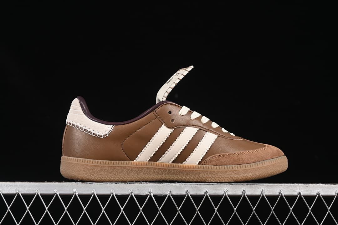 Side profile showing the brown upper and cream stripes