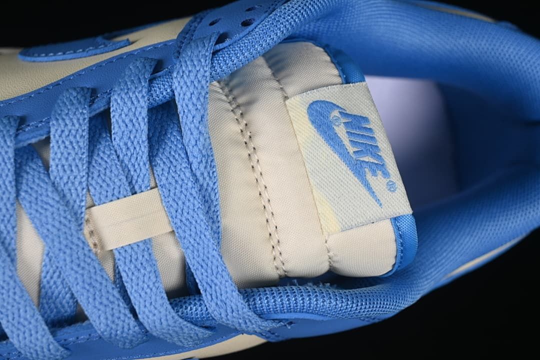 Close-up of the blue laces and tongue label