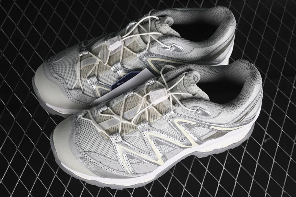Pair of silver-gray Salomon XT-Quest GTX sneakers viewed from above.
