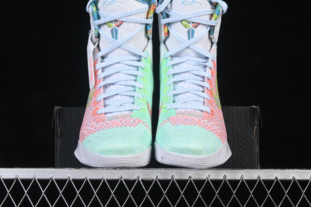 Front view of the pair showing the colorful uppers and patterned laces.