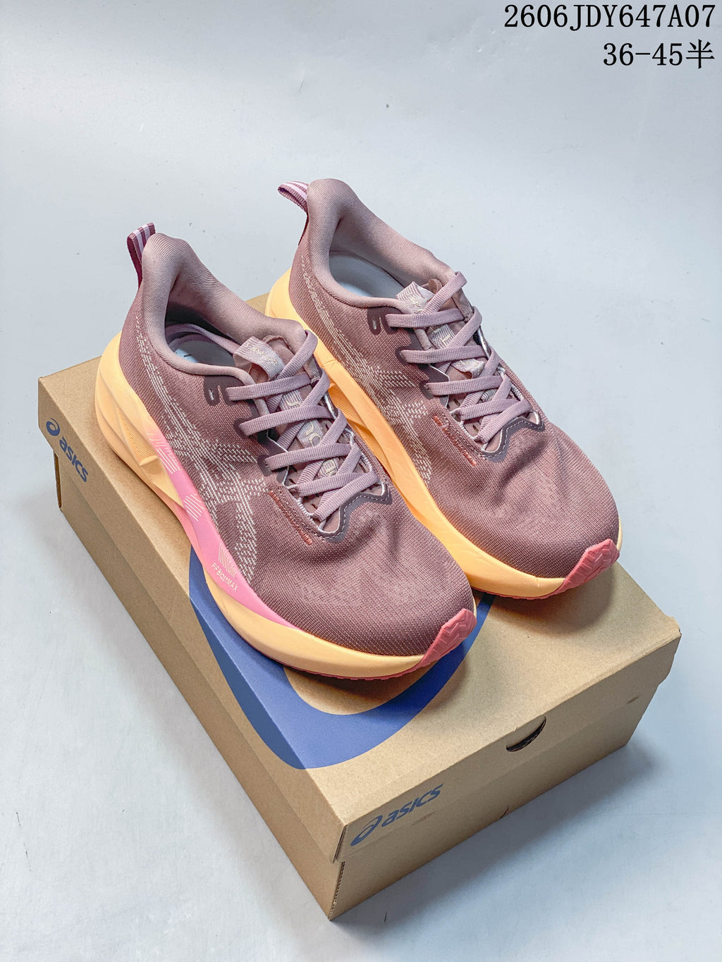 Mauve and navy ASICS Novablast 5 running shoes shown together on a shoebox.