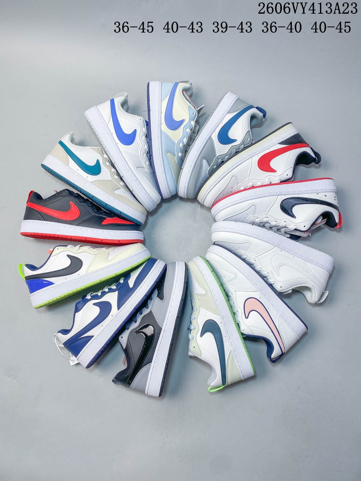 Several NikeCourt Borough 2 low-top sneakers arranged in a circle in assorted color combinations